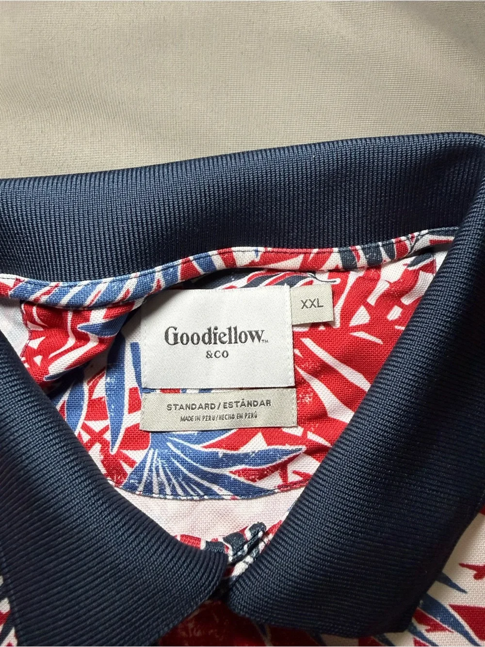 Goodfellow & Co Red Tropical Leaf Print Polo with Navy Collar